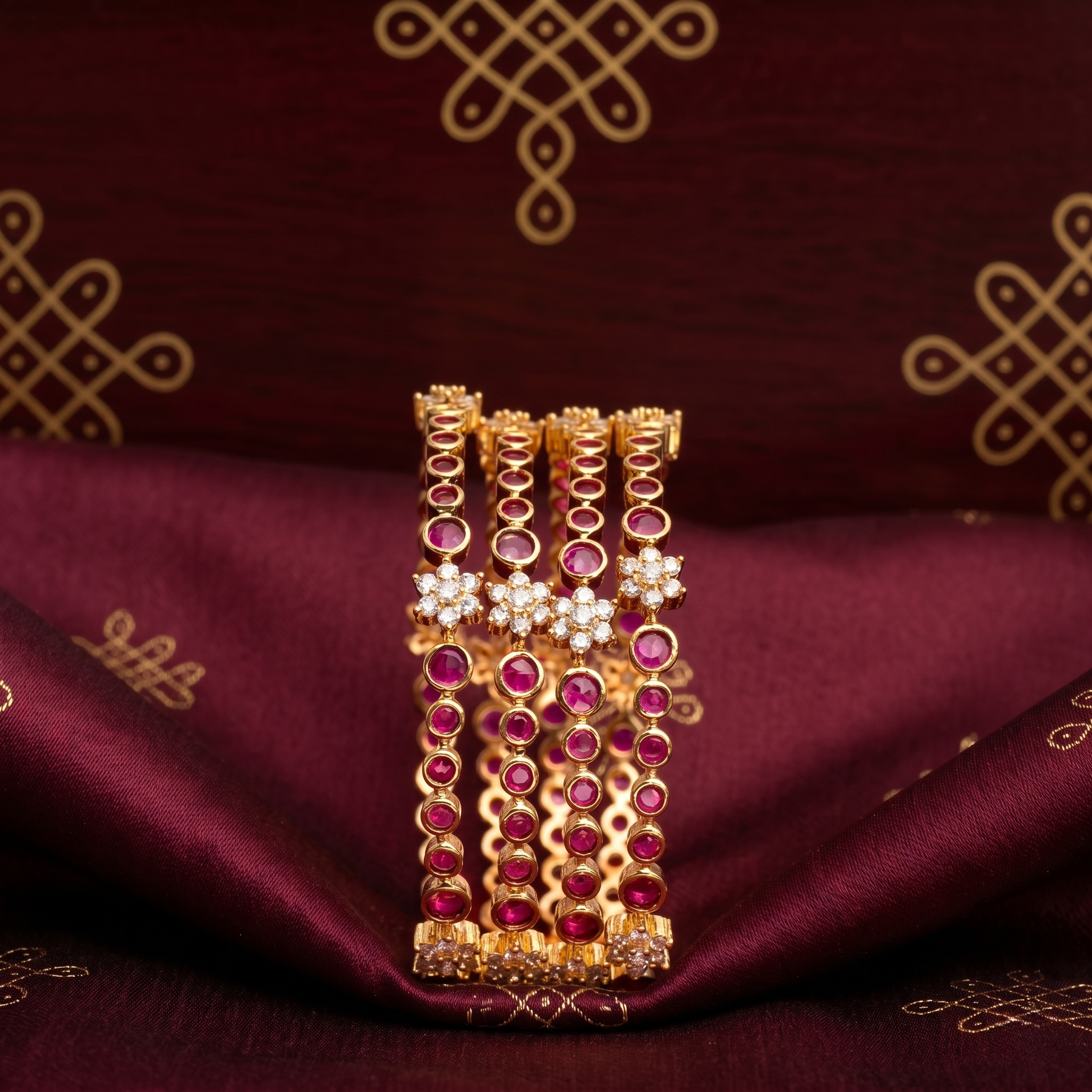 Traditional Ruby & Emerald AD Stone Floral Bangle (Set of 4) detailed view - Avalna